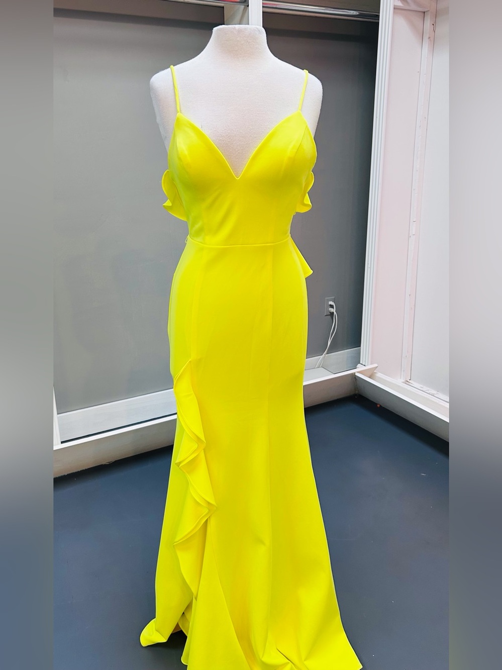 Neon Yellow Ruffle-Trim Spaghetti Strap Prom Dress